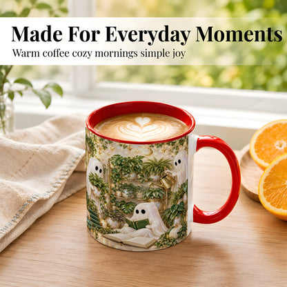 #pl[11oz|Red] Cozy Ghost Coffee Mug, Greenhouse Halloween Mug, Ceramic Cup