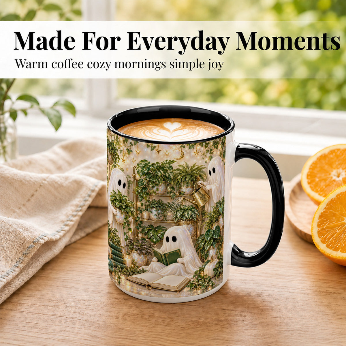 #pl[15oz|Black] Cozy Ghost Coffee Mug, Greenhouse Halloween Mug, Ceramic Cup
