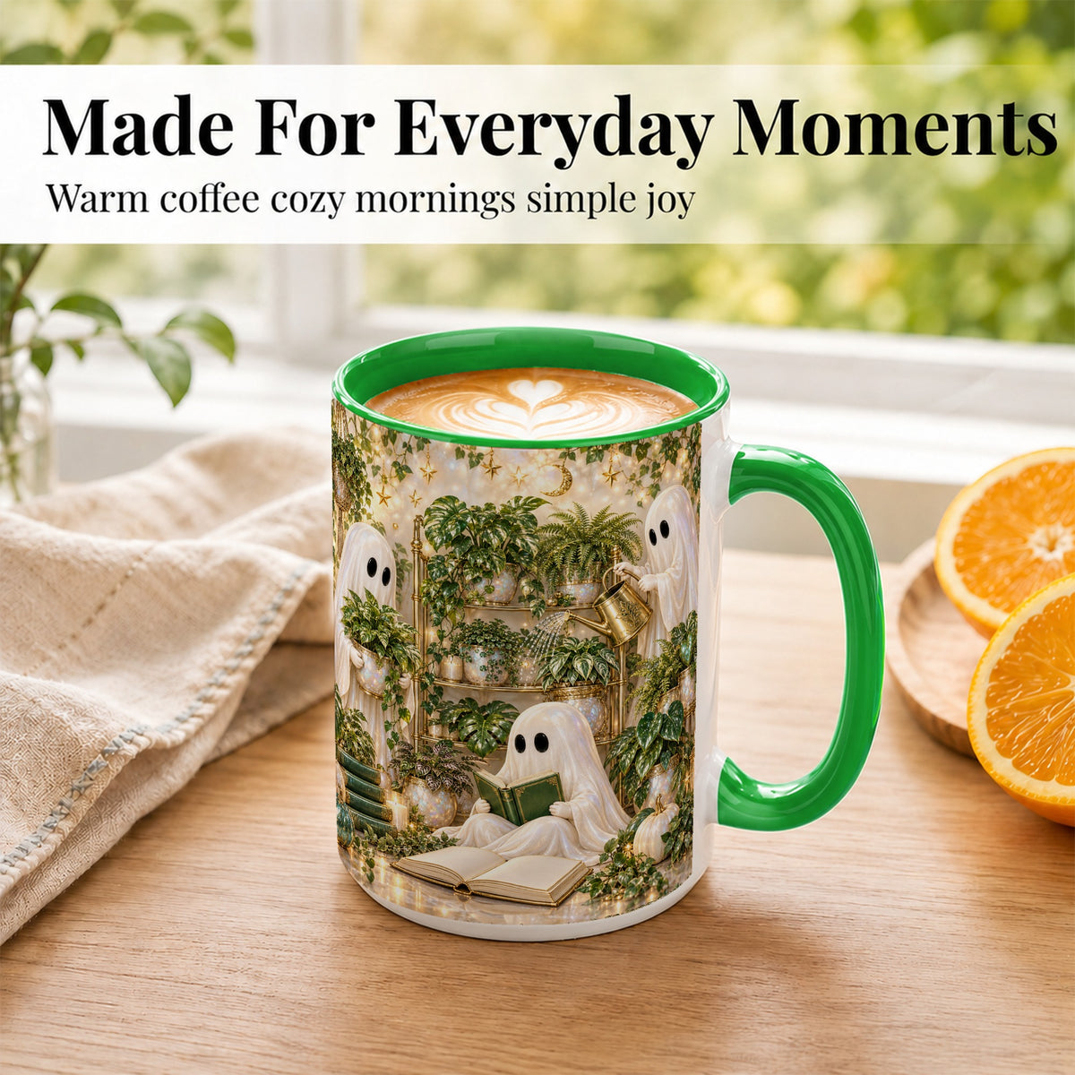 #pl[15oz|Green] Cozy Ghost Coffee Mug, Greenhouse Halloween Mug, Ceramic Cup
