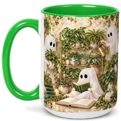 #pl[15oz|Green] Cozy Ghost Coffee Mug, Greenhouse Halloween Mug, Ceramic Cup