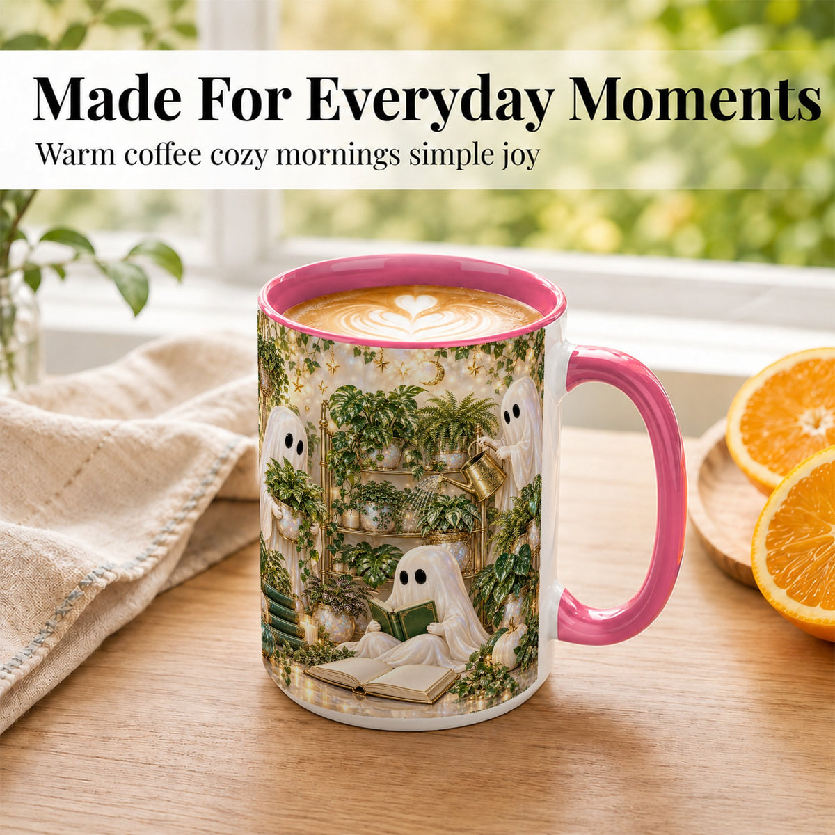 #pl[15oz|Pink] Cozy Ghost Coffee Mug, Greenhouse Halloween Mug, Ceramic Cup