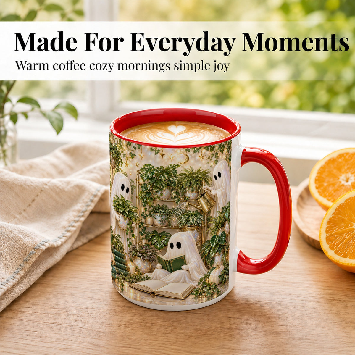 #pl[15oz|Red] Cozy Ghost Coffee Mug, Greenhouse Halloween Mug, Ceramic Cup