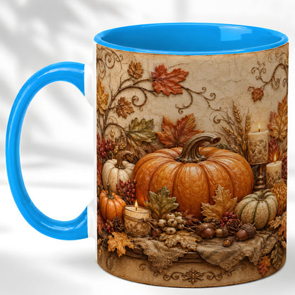 #pl[11oz|Blue] Autumn Harvest Coffee Mug, Rustic Pumpkin Mug, Ceramic Cup