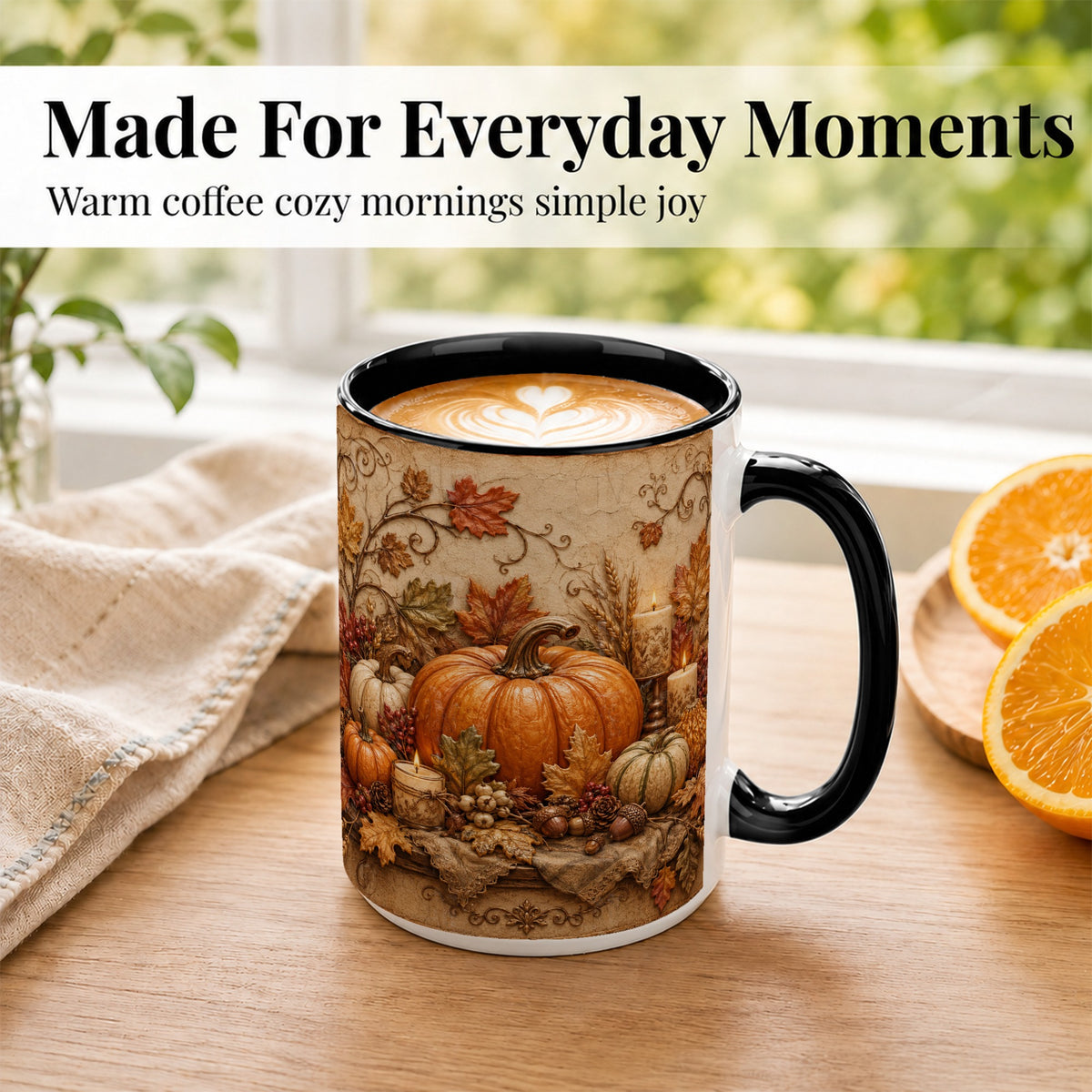 #pl[15oz|Black] Autumn Harvest Coffee Mug, Rustic Pumpkin Mug, Ceramic Cup