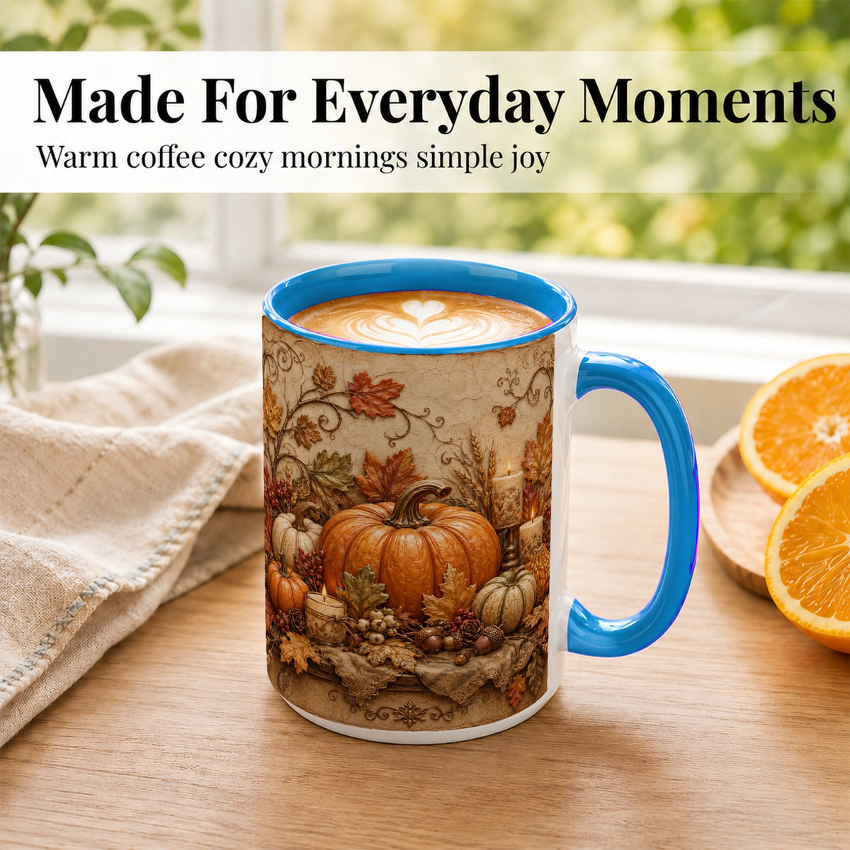 #pl[15oz|Blue] Autumn Harvest Coffee Mug, Rustic Pumpkin Mug, Ceramic Cup