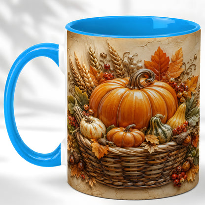 #pl[11oz|Blue] Pumpkin Harvest Coffee Mug, Autumn Basket Mug, Ceramic Cup