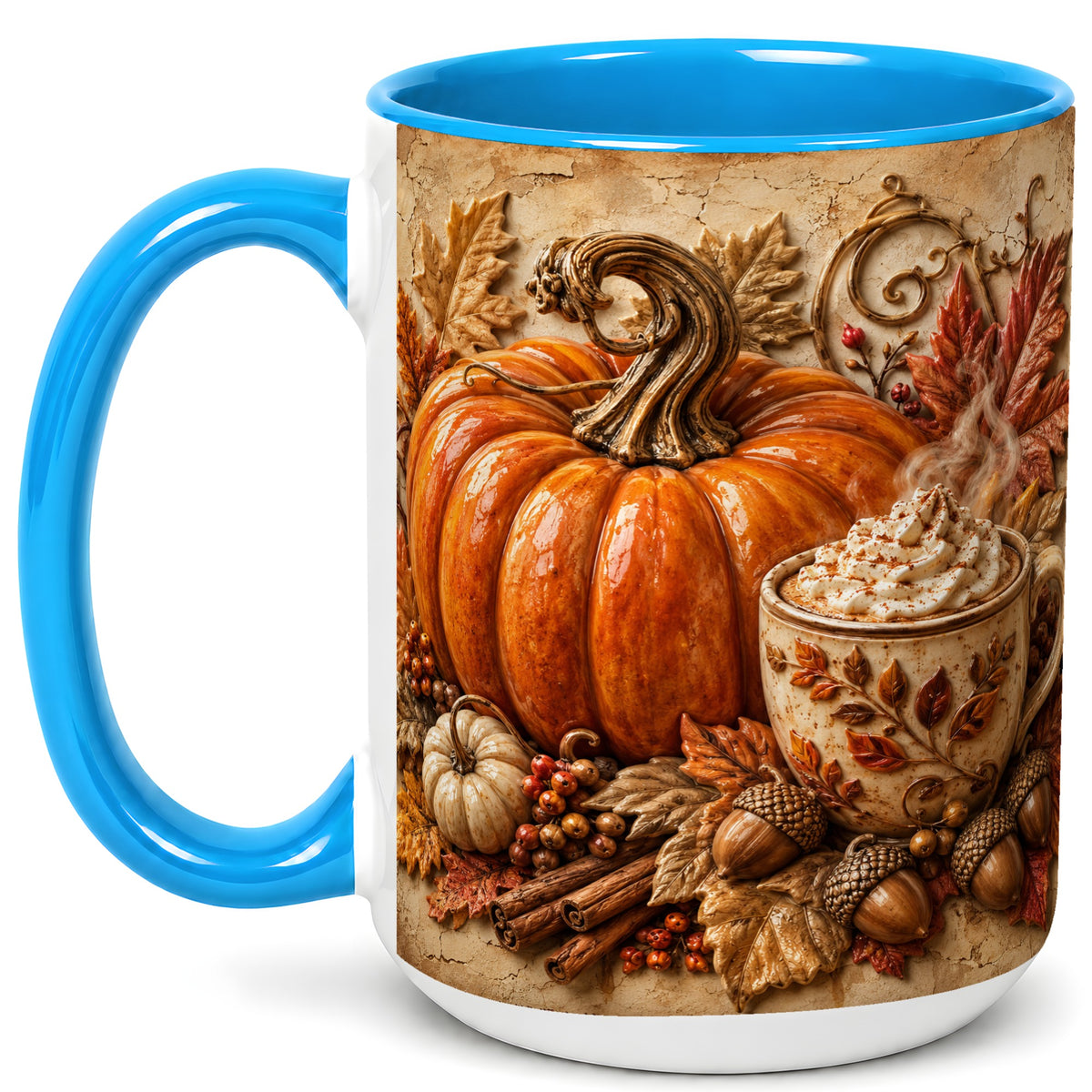 #pl[15oz|Blue] Pumpkin Spice Coffee Mug, Autumn Latte Mug, Ceramic Cup