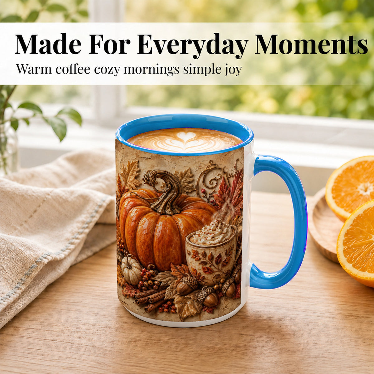 #pl[15oz|Blue] Pumpkin Spice Coffee Mug, Autumn Latte Mug, Ceramic Cup