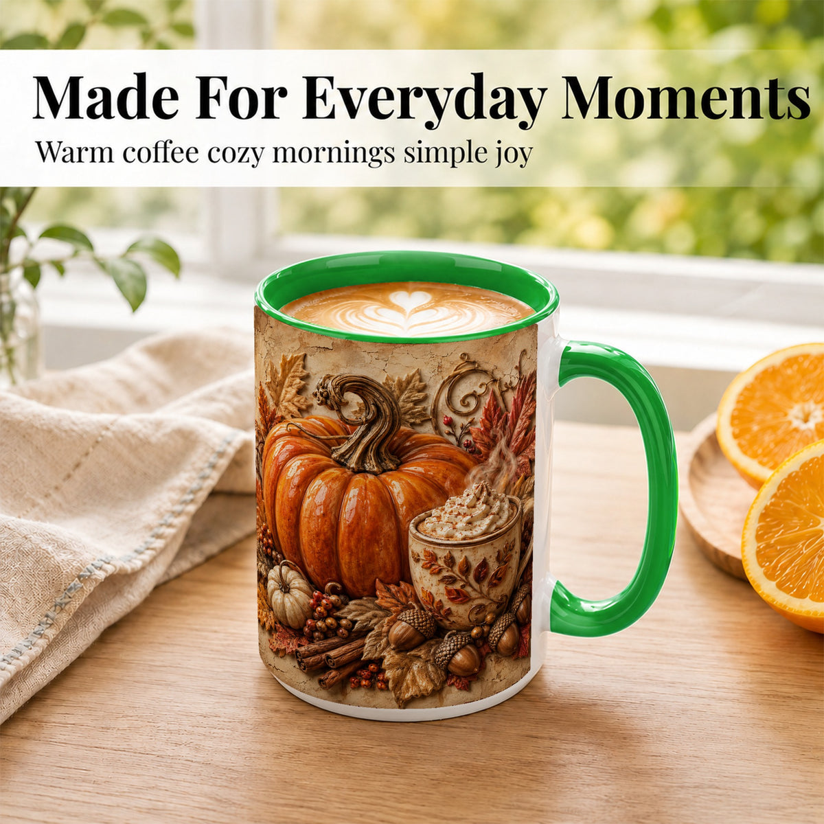 #pl[15oz|Green] Pumpkin Spice Coffee Mug, Autumn Latte Mug, Ceramic Cup
