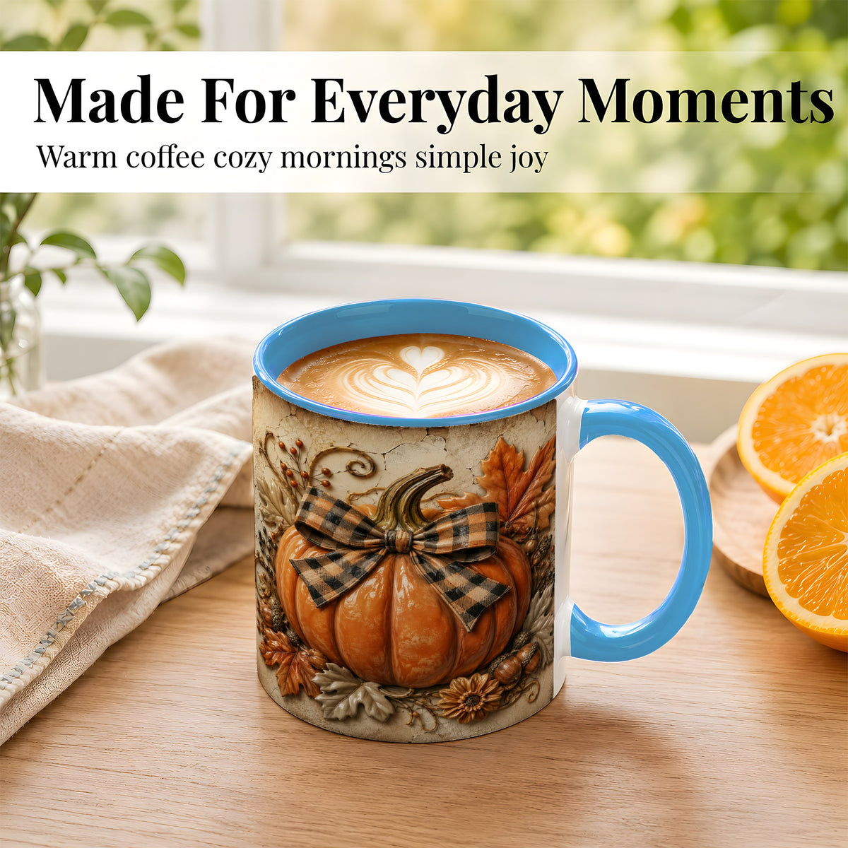 #pl[11oz|Blue] Plaid Bow Pumpkin Coffee Mug, Autumn Farmhouse Mug, Ceramic Cup