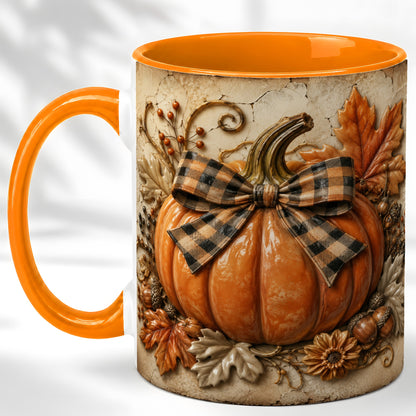 #pl[11oz|Orange] Plaid Bow Pumpkin Coffee Mug, Autumn Farmhouse Mug, Ceramic Cup