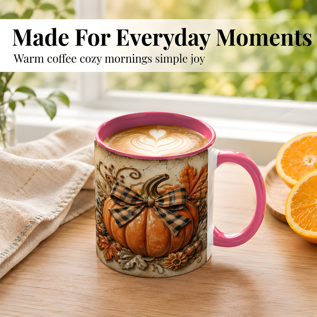 #pl[11oz|Pink] Plaid Bow Pumpkin Coffee Mug, Autumn Farmhouse Mug, Ceramic Cup