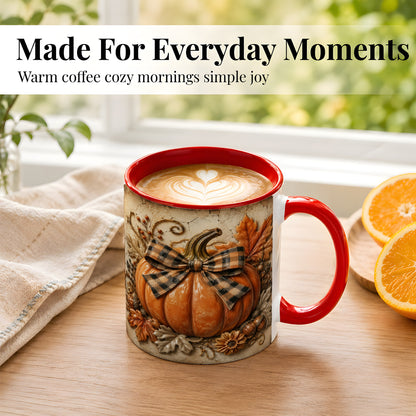 #pl[11oz|Red] Plaid Bow Pumpkin Coffee Mug, Autumn Farmhouse Mug, Ceramic Cup