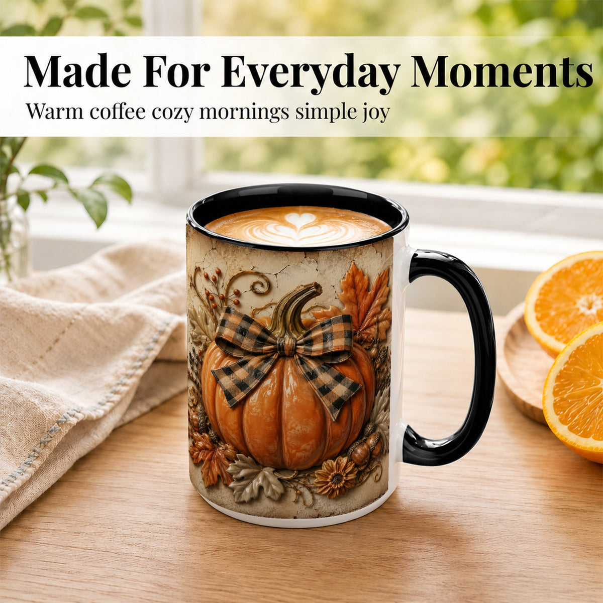#pl[15oz|Black] Plaid Bow Pumpkin Coffee Mug, Autumn Farmhouse Mug, Ceramic Cup