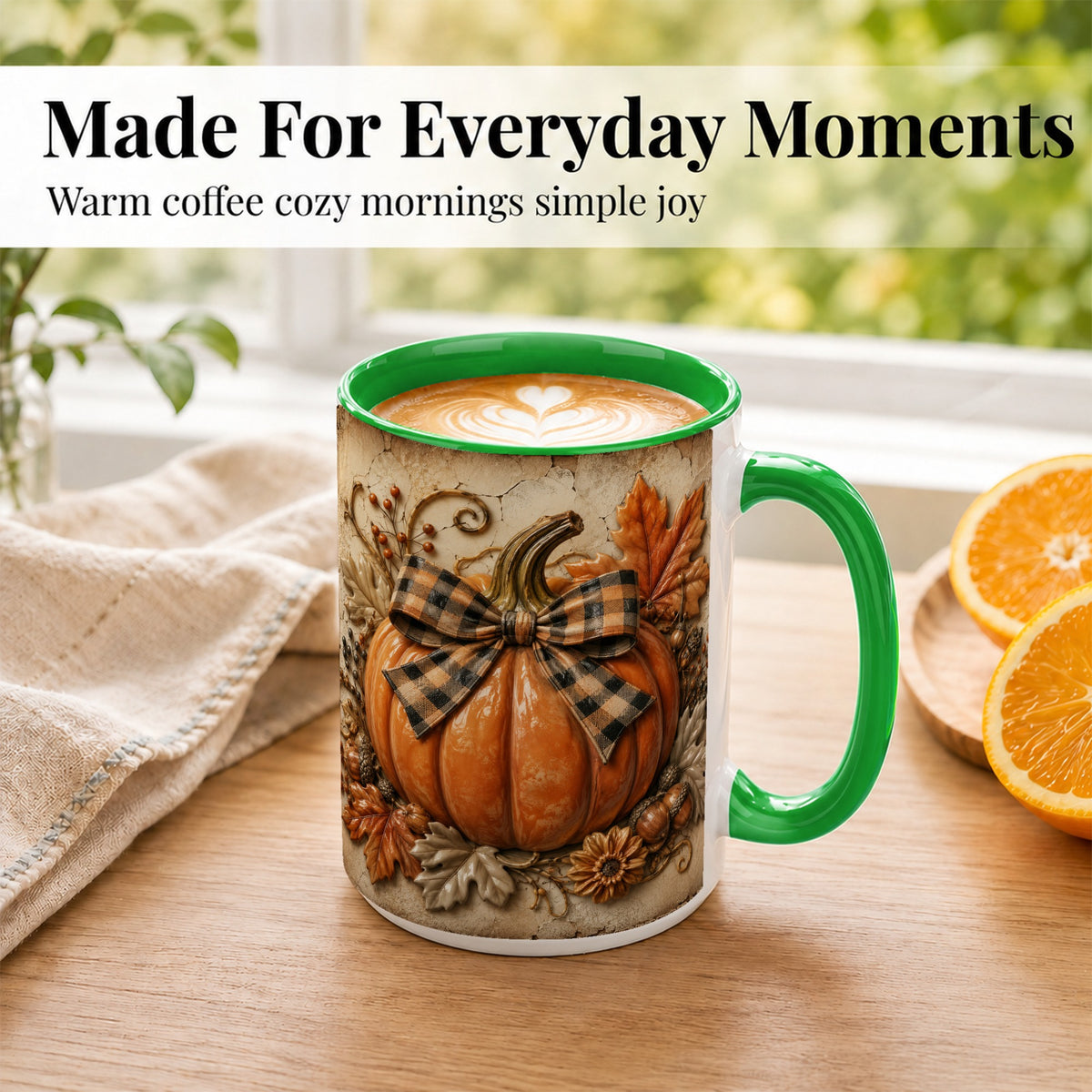 #pl[15oz|Green] Plaid Bow Pumpkin Coffee Mug, Autumn Farmhouse Mug, Ceramic Cup