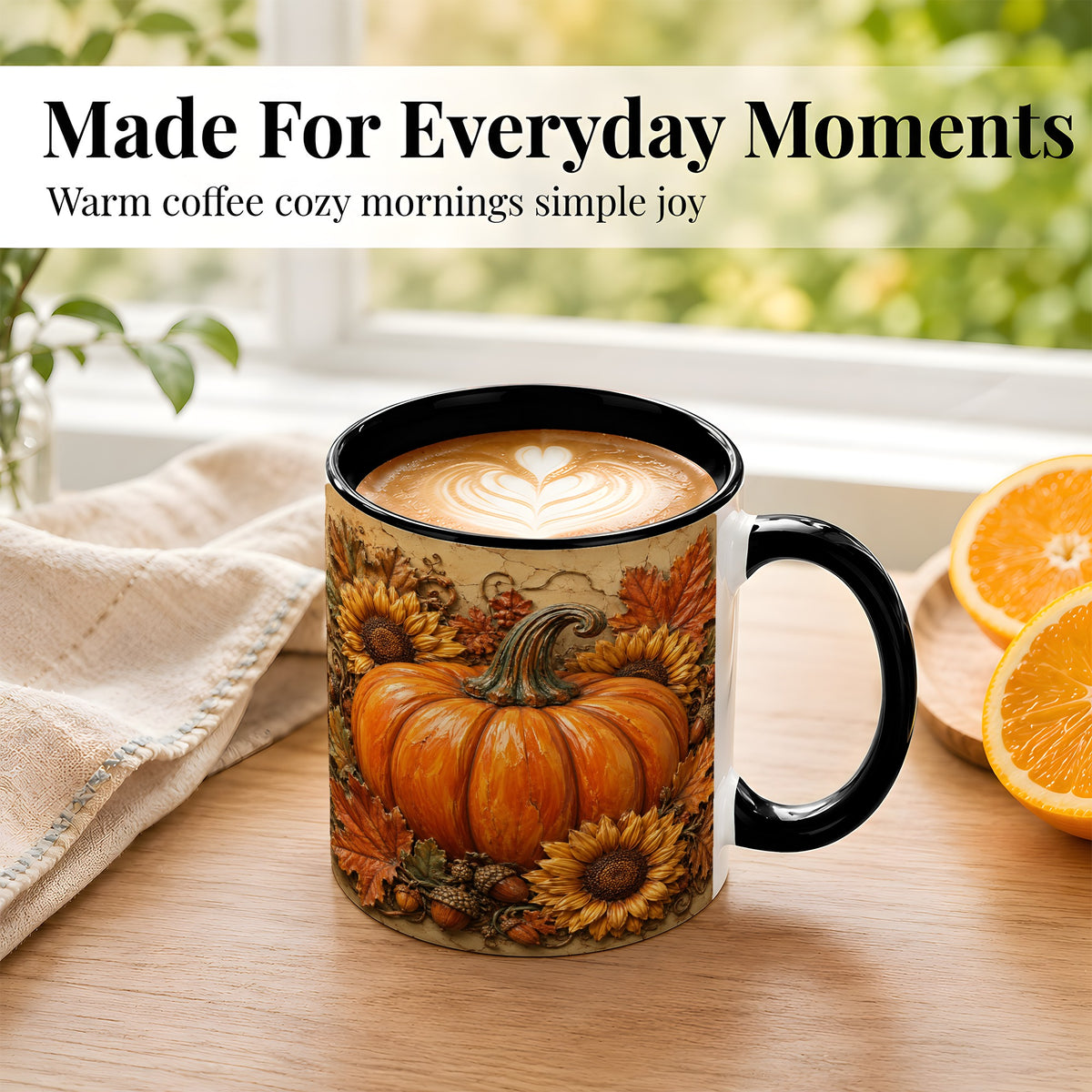 #pl[11oz|Black] Sunflower Pumpkin Coffee Mug, Autumn Floral Mug, Ceramic Cup