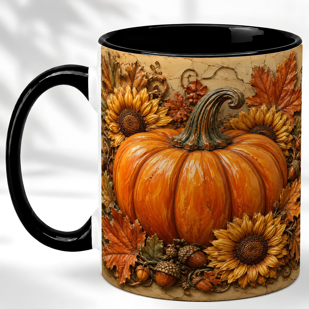 #pl[11oz|Black] Sunflower Pumpkin Coffee Mug, Autumn Floral Mug, Ceramic Cup