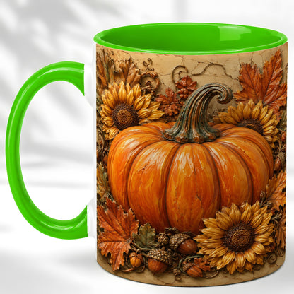 #pl[11oz|Green] Sunflower Pumpkin Coffee Mug, Autumn Floral Mug, Ceramic Cup
