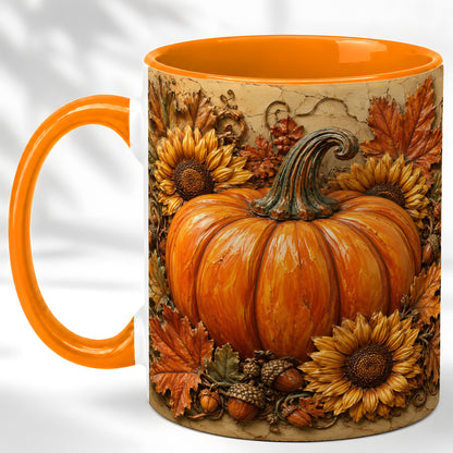 #pl[11oz|Orange] Sunflower Pumpkin Coffee Mug, Autumn Floral Mug, Ceramic Cup