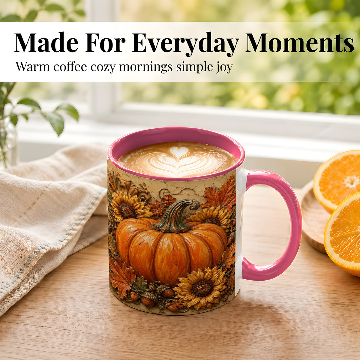 #pl[11oz|Pink] Sunflower Pumpkin Coffee Mug, Autumn Floral Mug, Ceramic Cup