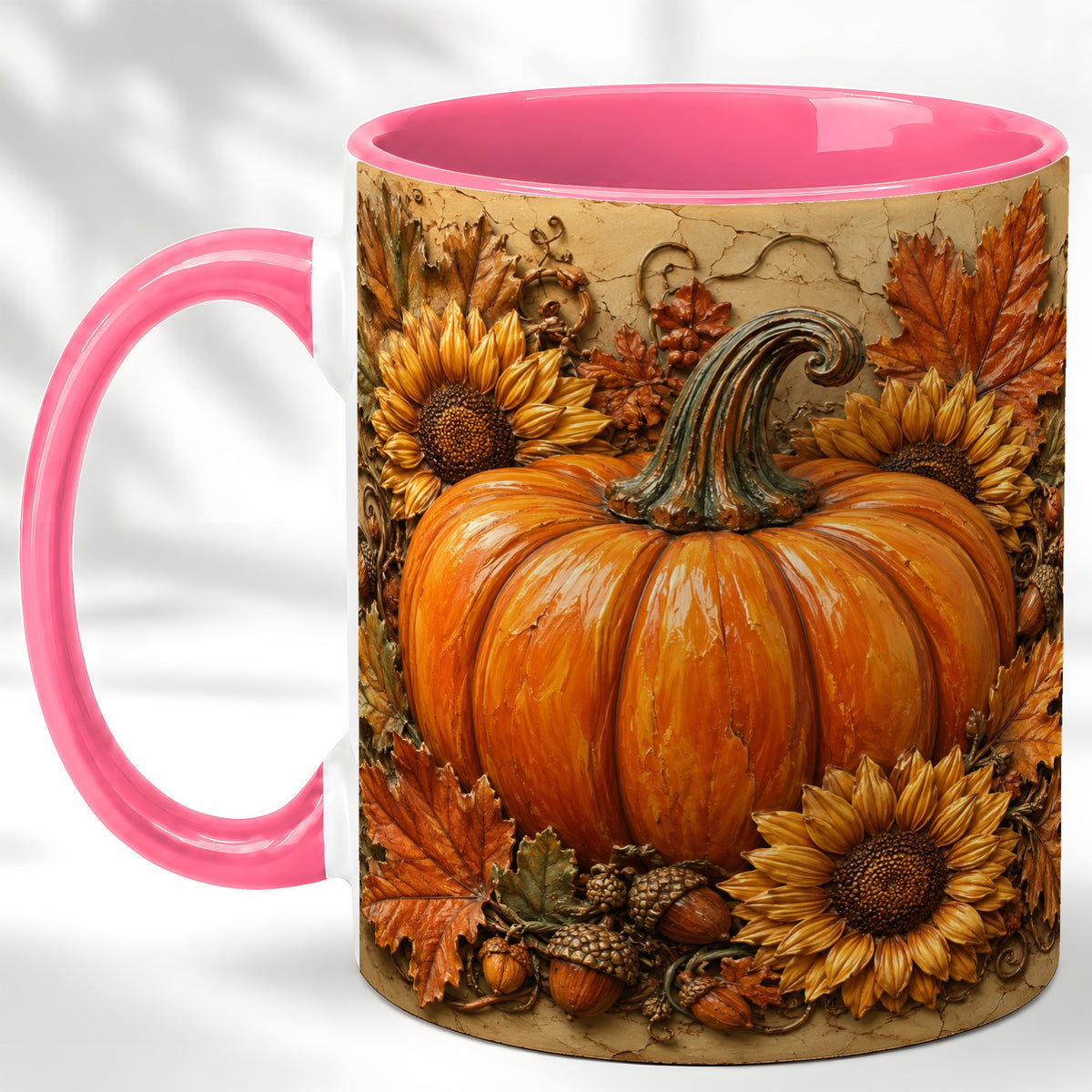 #pl[11oz|Pink] Sunflower Pumpkin Coffee Mug, Autumn Floral Mug, Ceramic Cup