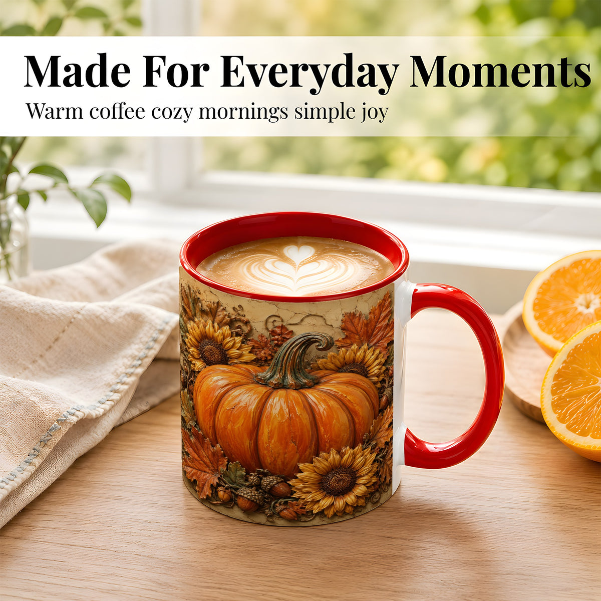 #pl[11oz|Red] Sunflower Pumpkin Coffee Mug, Autumn Floral Mug, Ceramic Cup