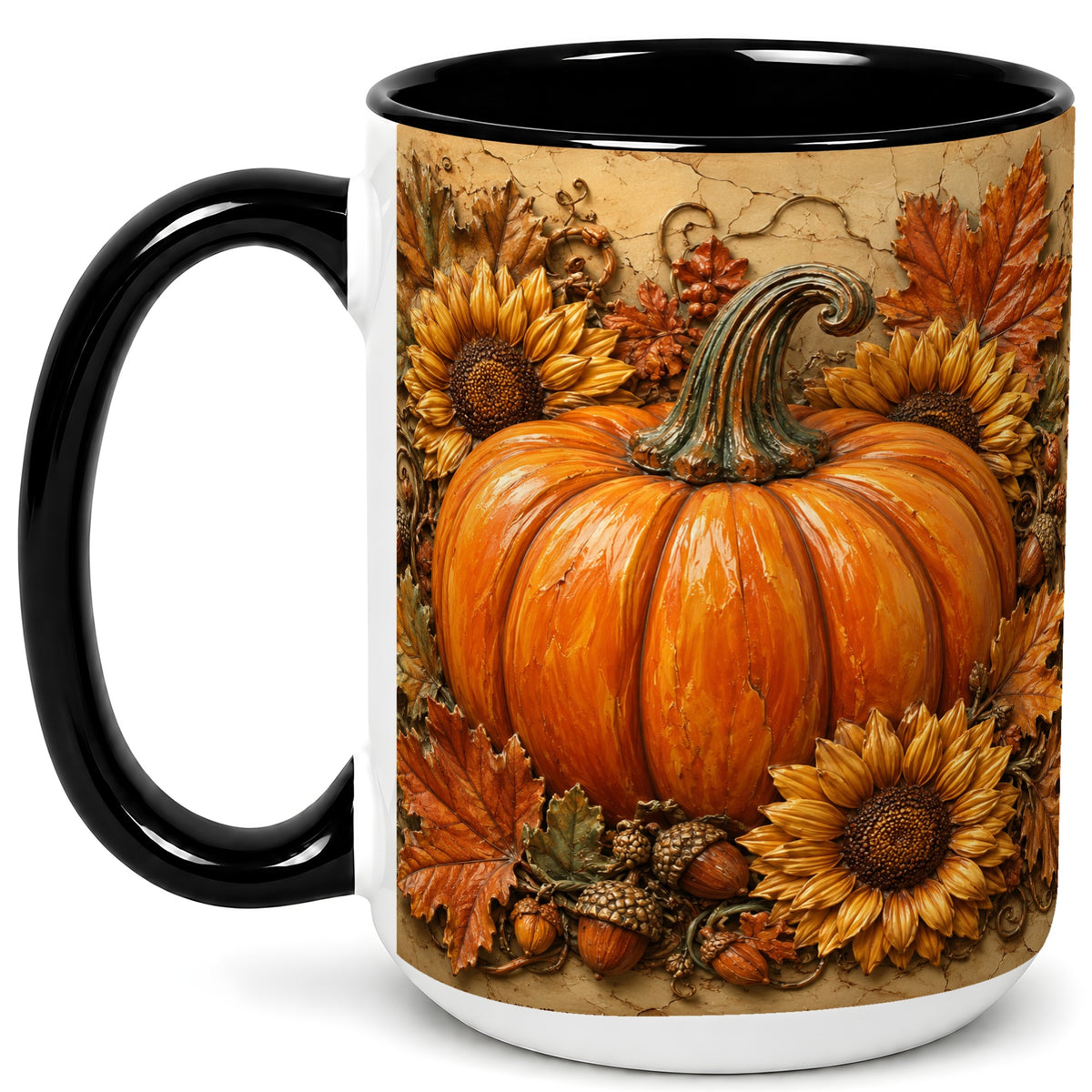 #pl[15oz|Black] Sunflower Pumpkin Coffee Mug, Autumn Floral Mug, Ceramic Cup