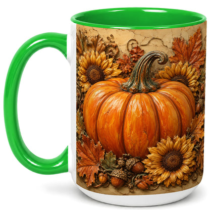 #pl[15oz|Green] Sunflower Pumpkin Coffee Mug, Autumn Floral Mug, Ceramic Cup
