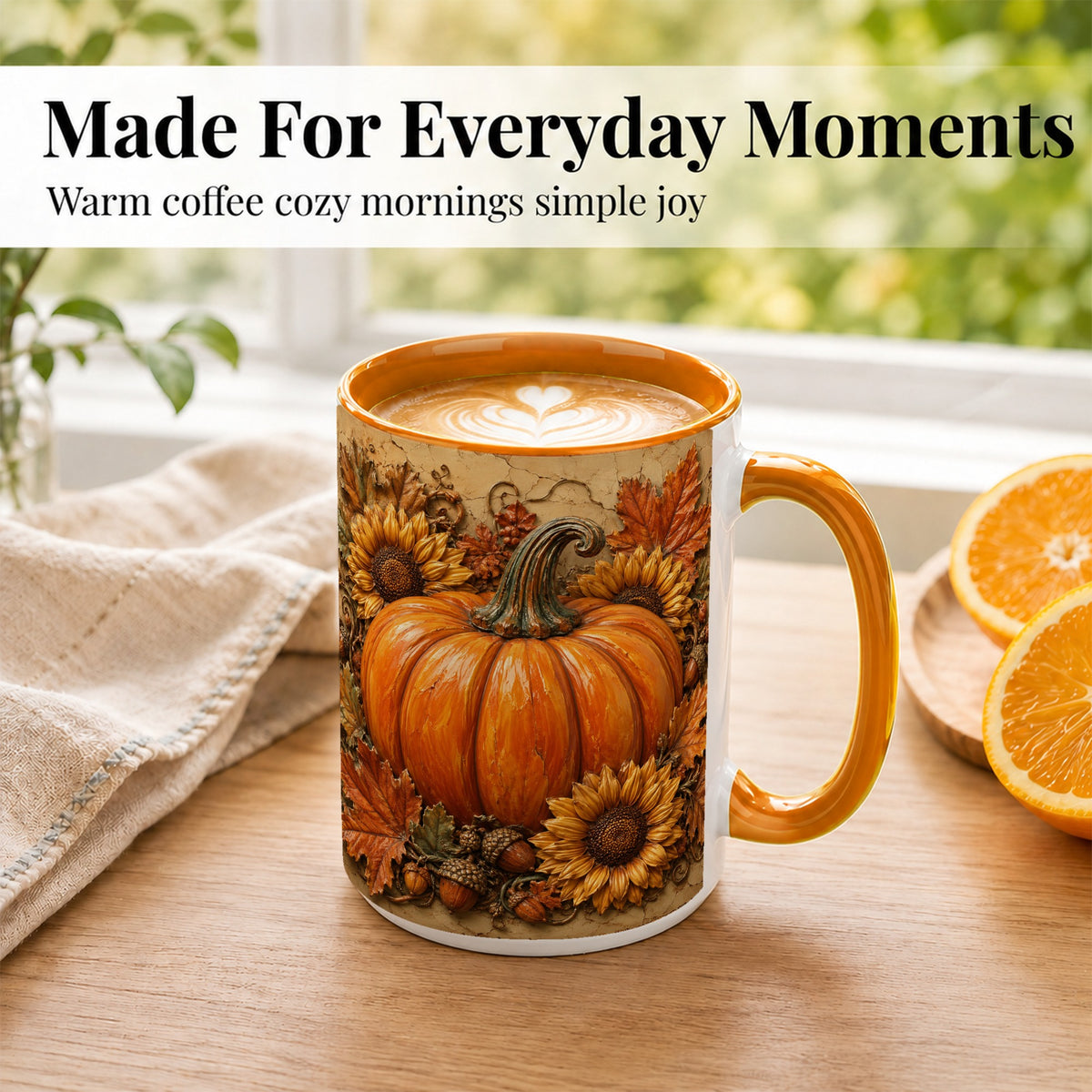 #pl[15oz|Orange] Sunflower Pumpkin Coffee Mug, Autumn Floral Mug, Ceramic Cup