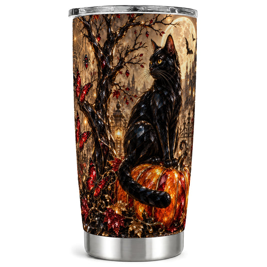 Black Cat Halloween Tumbler 20oz, Jeweled Stainless Steel Travel Cup