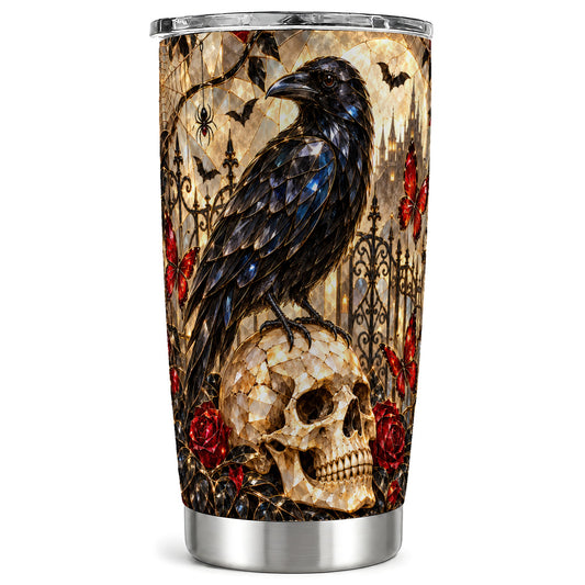 Stained Glass Raven Tumbler 20oz, Gothic Skull Tumbler, Travel Cup