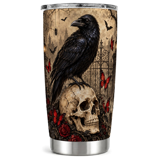 Vintage Raven Tumbler 20oz, Gothic Skull Tumbler, Steel Travel Cup