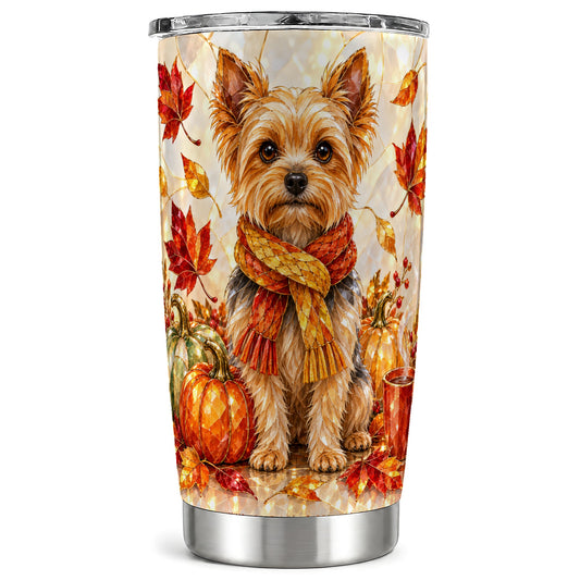 Yorkie Fall Tumbler 20oz, Autumn Dog Stainless Steel Travel Cup