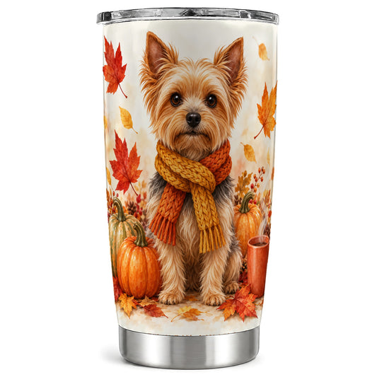 Yorkie Autumn Tumbler 20oz, Fall Puppy Stainless Steel Travel Cup