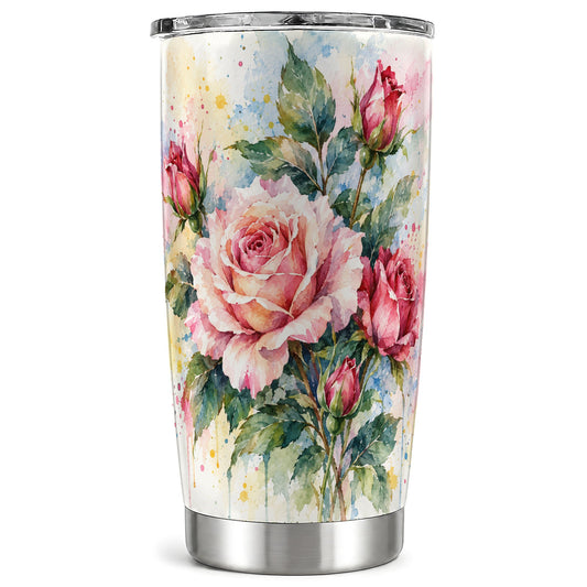 Watercolor Rose Tumbler 20oz, Pink Floral Stainless Steel Travel Cup