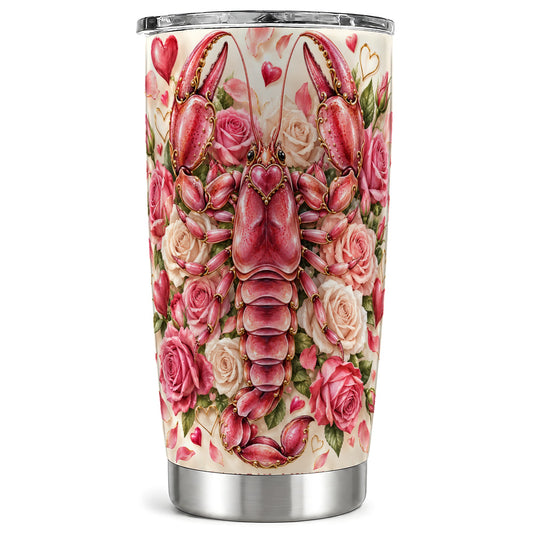 Rose Lobster Tumbler 20oz, Pink Floral Tumbler, Stainless Steel Travel Cup