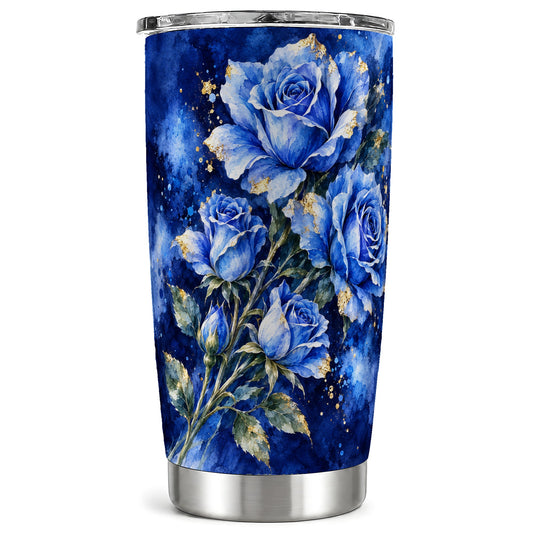 Blue Rose Tumbler 20oz, Watercolor Floral Tumbler, Stainless Steel Travel Cup