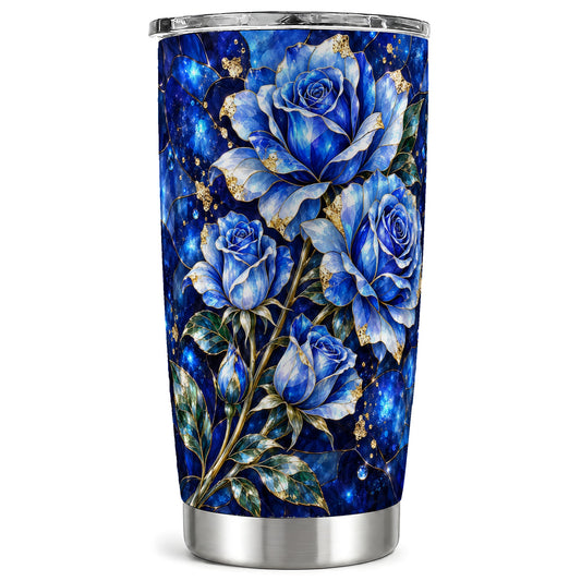 Blue Rose Tumbler 20oz, Mosaic Floral Tumbler, Stainless Steel Travel Cup