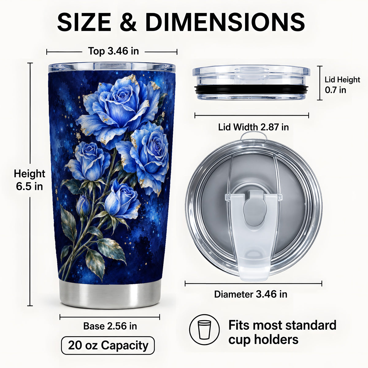 #pl[20oz|Steel] Blue Rose Tumbler 20oz, Midnight Floral Tumbler, Stainless Steel Travel Cup