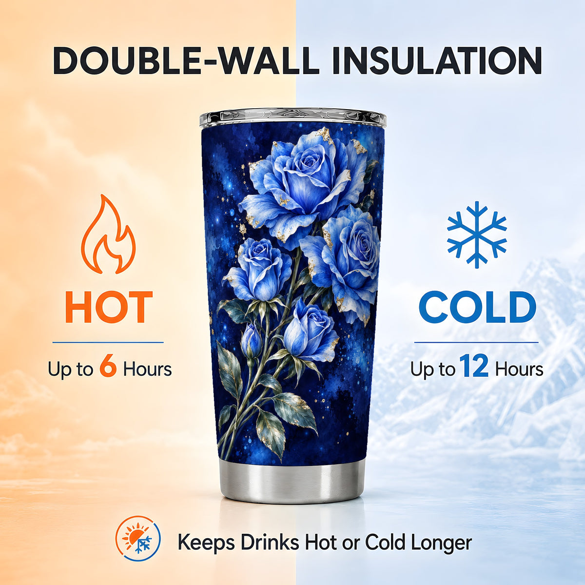 Blue Rose Tumbler 20oz, Midnight Floral Tumbler, Stainless Steel Travel Cup