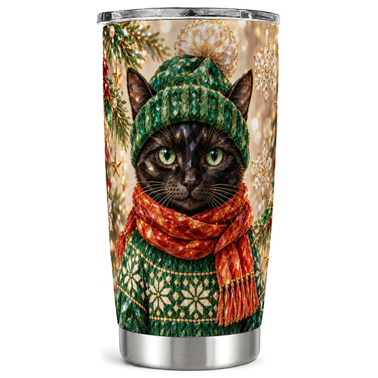 Christmas Black Cat Tumbler 20oz, Holiday Kitty Stainless Steel Travel Cup