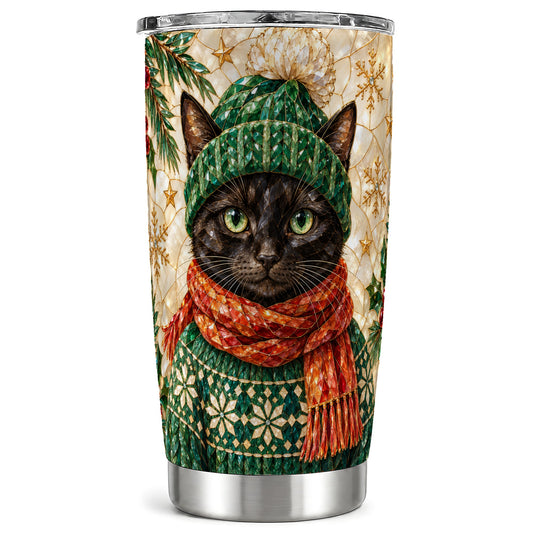 Stained Glass Cat Tumbler 20oz, Holiday Kitty Stainless Steel Travel Cup