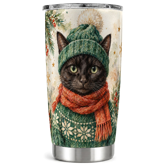 Watercolor Cat Tumbler 20oz, Christmas Kitty Stainless Steel Travel Cup