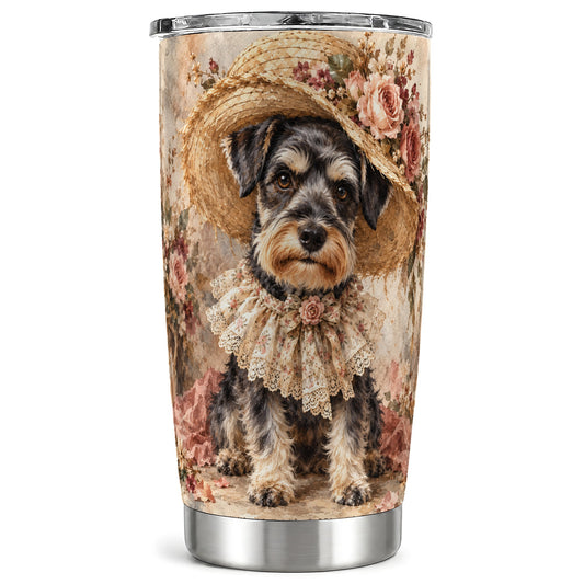 Floral Schnauzer Tumbler 20oz, Vintage Dog Stainless Steel Travel Cup