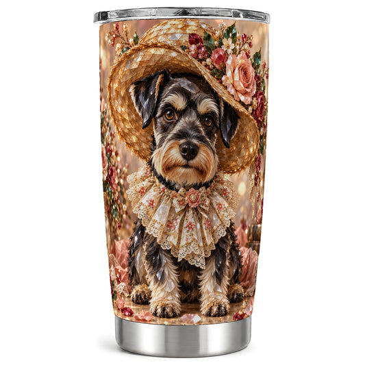 Jeweled Schnauzer Tumbler 20oz, Floral Dog Stainless Steel Travel Cup