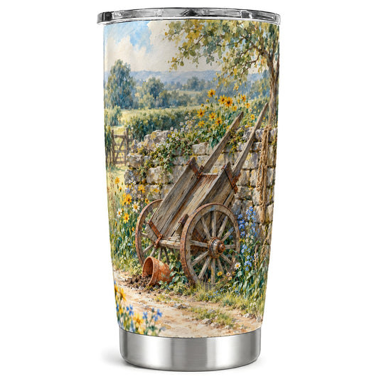 Rustic Garden Cart Tumbler 20oz, Watercolor Stainless Steel Travel Cup