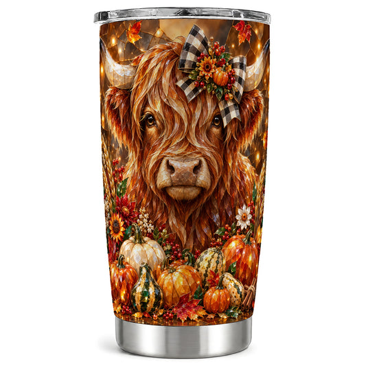 Highland Cow Tumbler 20oz, Fall Stained Glass Style Travel Cup