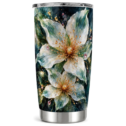 White Floral Tumbler 20oz, Sage Green Tumbler, Stainless Steel Travel Cup