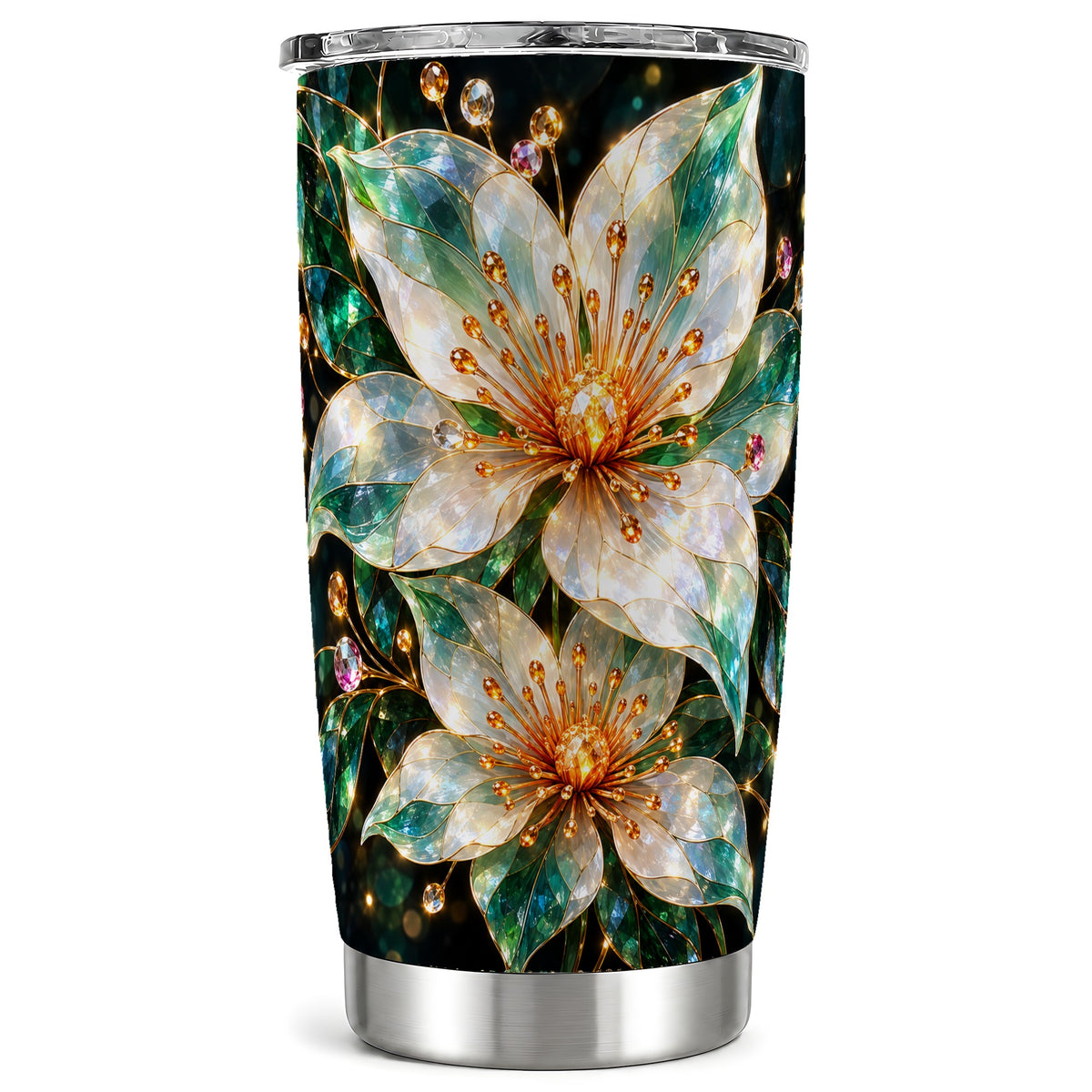 Crystal Flower Tumbler 20oz, Floral Stainless Steel Travel Cup