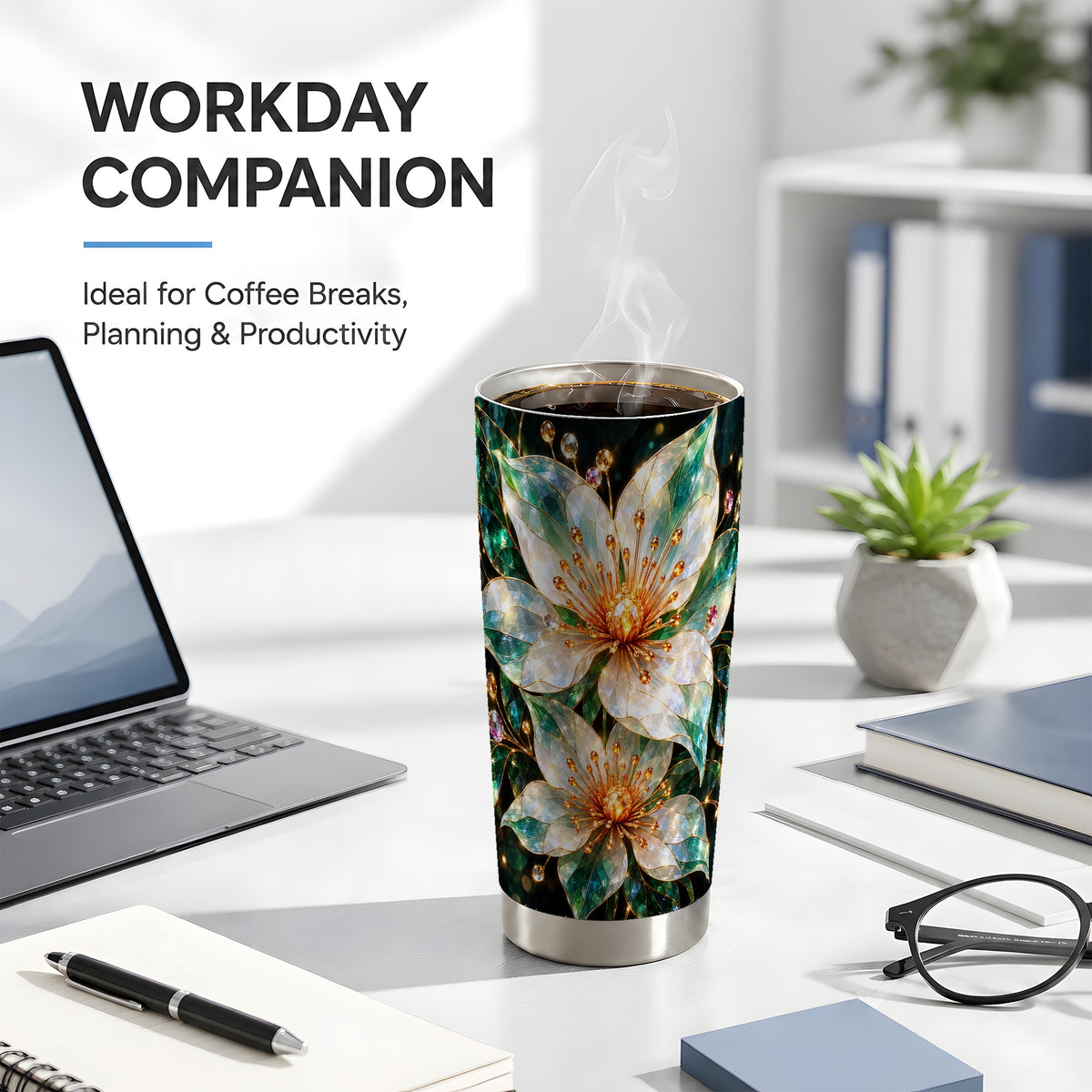 Crystal Flower Tumbler 20oz, Floral Stainless Steel Travel Cup